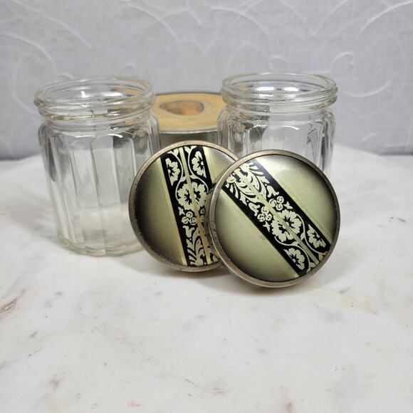 Vintage Glass Vanity Jar Set Cameo Lid & Art Deco Floral Inlay Metal Tops – 3 Pc - Picture 9 of 16